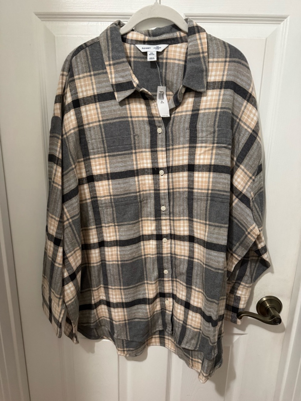 Old Navy Women’s Gray and Beige Plaid Flannel Button-Up